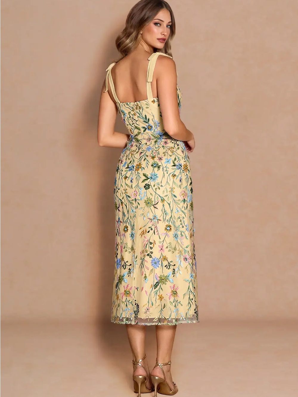 Amarie Lemon Yellow Floral Embroidered Midi Dress with Bow Tie-Shoulder Straps - Picture 3 of 7